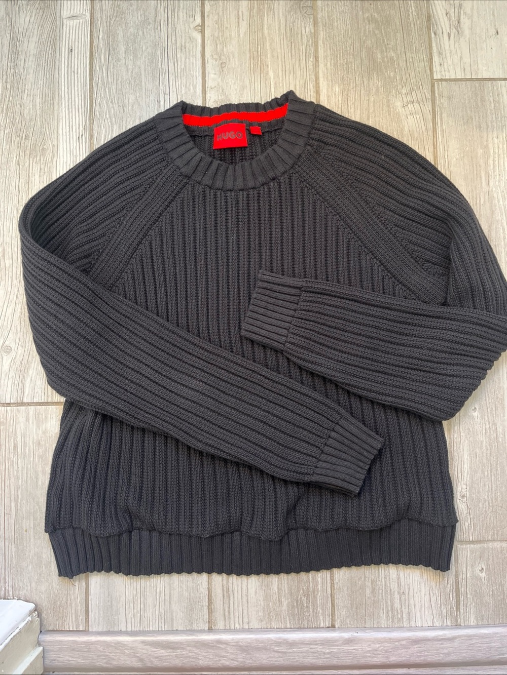 HUGO Mens Chunky Knit Ribbed Black Pullover Crew Neck Sweater Preppy Academia S
